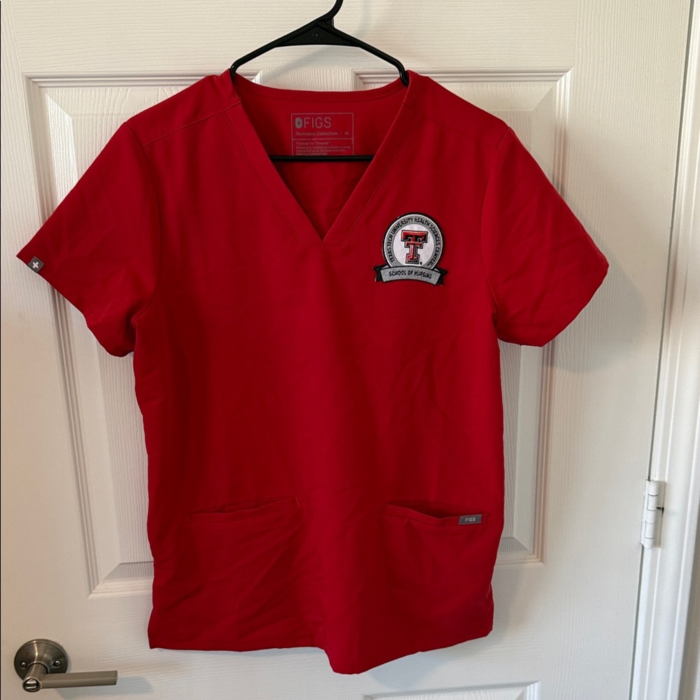 FIGS Red V-Neck Medical Scrub Top with Texas Tech SON Patch